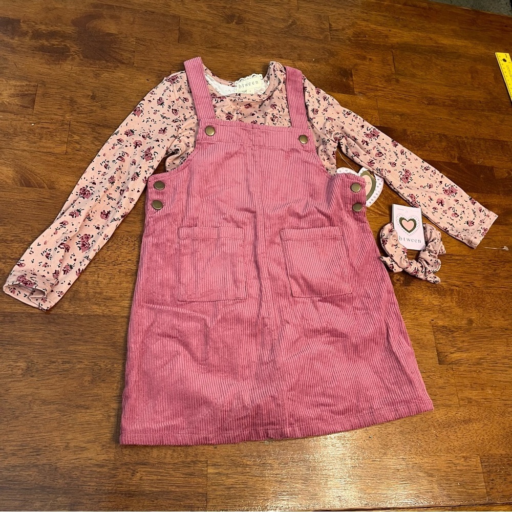 NWT Btween Pink Corduroy Overall Dress with Floral Long Sleeve scrunchie size 6